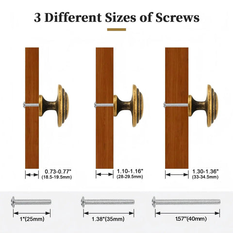 10 Pack Antique Brass Round Top Ring Cabinet Knobs with 3 different screw sizes for easy install
