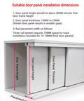 Built Tough Heavy Duty Triple Track Sliding Door Hardware Kit With Aluminum Rails shown with dimensions for door panel installation.