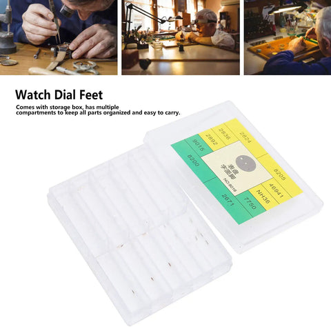 Watch Dial Feet Repair Kit For NH35 Movements with storage box and compartments, shown on workbench.