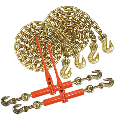 Grade 70 Three By Eight Inch Chain And Binder Kit With Two Chains And Two Binders For Flatbed Hauling And Load Securement Twenty Foot Length 6600 Pound Safe Working Load Built To Last