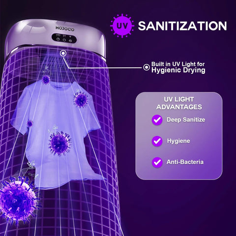 MOJOCO portable compact clothes dryer in purple with built-in UV sanitation for apartments and travel