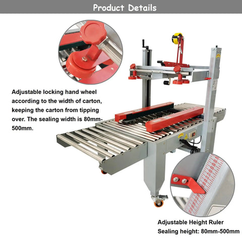 Heavy Duty 110V Automatic Box Sealer Machine With Double Flap Tape System For Fast Carton Packing, adjustable locking hand wheel and height ruler.