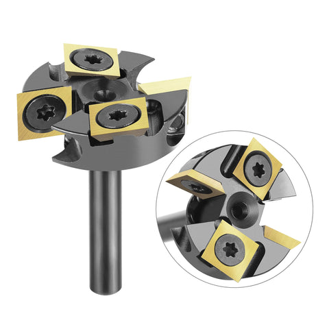 Two Plus Two Flute Slab Flattening Router Bit With One Quarter Inch Shank And One And One Quarter Inch Cutting Diameter Carbide Insert Spoilboard Surfacing Bit With ATS Coating For Softwood Hardwood And MDF Replaceable Ten By Ten By Two Point Two Carbide shown in detail