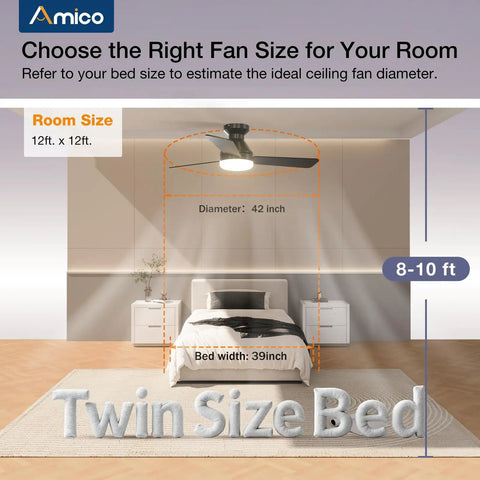 42 Inch Low Profile Ceiling Fan With Light And Remote Flush Mount Reversible Blades Dimmable 3 CCT in bedroom