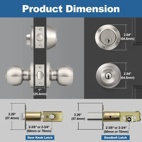 Dimensions of Keyed Alike Exterior Door Knob And Deadbolt Combo Set For Entrance And Front Door, Satin Nickel Finish