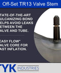Close-up of TR13 valve stem on Two Pack Heavy Duty Durable Inner Tubes For 23x9.50-12 And 23x10.50-12 Tires showing vulcanizing bond.