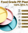 Set Of 8 Unbreakable 9 Inch Divided Plates For Adults With Portion Control shown in pastel colors with BPA-free label
