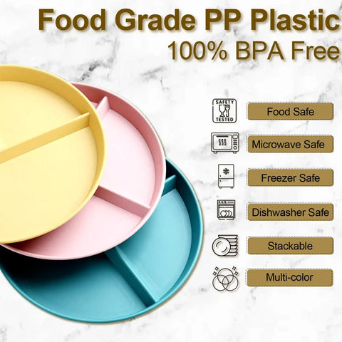 Set Of 8 Unbreakable 9 Inch Divided Plates For Adults With Portion Control shown in pastel colors with BPA-free label