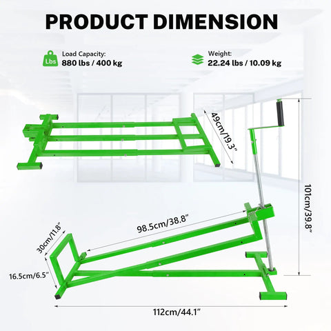 Heavy Duty Lawn Mower Lift Jack for Riding Tractor & Garden Mowers 880 Lbs Capacity measurements with load and weight specifications.