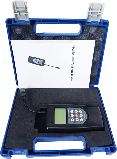 Sonic Belt Tension Meter For Transmission Belts Easy Acoustic Tension Readings And Belt Vibration Frequency Measurement From 10 Hz To 680 Hz 20 Data Storage Portable And User Friendly in blue case
