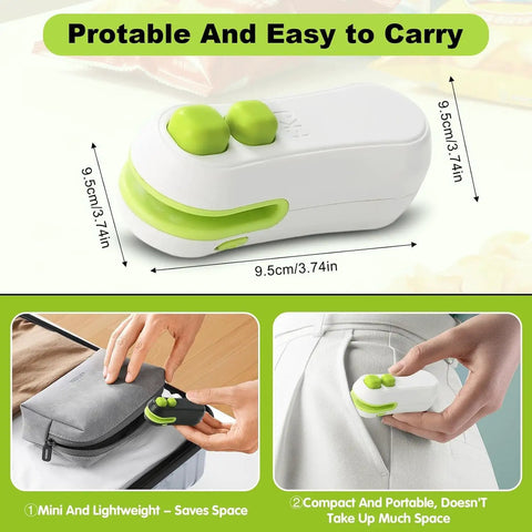 Rechargeable 2 In 1 Bag Sealer With Cutter, compact and portable, shown fitting in pockets and bags, crocodile design.