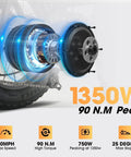 Electric Tricycle For Adults With 750W Peak 1350W Motor And Fat Tire Power 20x4 Folding E Trike 48V 13Ah Battery Three Wheel Ebike With Front And Rear Basket Differential Ultra White Up To 50 Miles In PAS Mode motor close-up with 1350W peak, 90 N.m torque