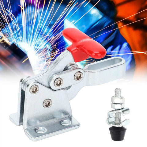 Pair Of Heavy Duty Welding Toggle Clamps Featuring Horizontal Jaw Design And Quick Release Handles For Sick Grip Performance That Locks Material Down Tight Without Any Hassle During Tough Custom Shop Builds, showing a silver clamp with red handle.