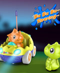 Dinosaur Edition Remote Control Cars For Toddlers 2 Pack with LED lights and music featuring a cartoon dinosaur character in car.