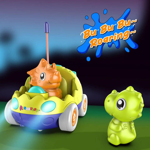 Dinosaur Edition Remote Control Cars For Toddlers 2 Pack with LED lights and music featuring a cartoon dinosaur character in car.
