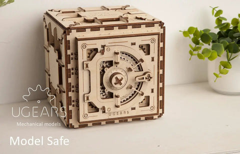 3D Puzzle Safe Move Model Kit For Adults Built In Moving Safe Mechanism Intricate Wooden Brain Teaser Self Contained Assembly Project Fun Gift For Puzzle Nerds And DIY Enthusiasts. wooden model safe on white table