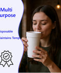 Woman enjoys coffee from No Nonsense Heavy Duty 20 Oz Styrofoam Cups 25 Pack Disposable Foam Beverage Containers Insulated White.
