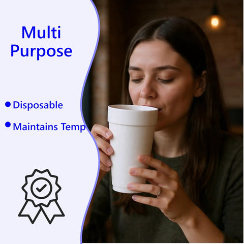 Woman enjoys coffee from No Nonsense Heavy Duty 20 Oz Styrofoam Cups 25 Pack Disposable Foam Beverage Containers Insulated White.