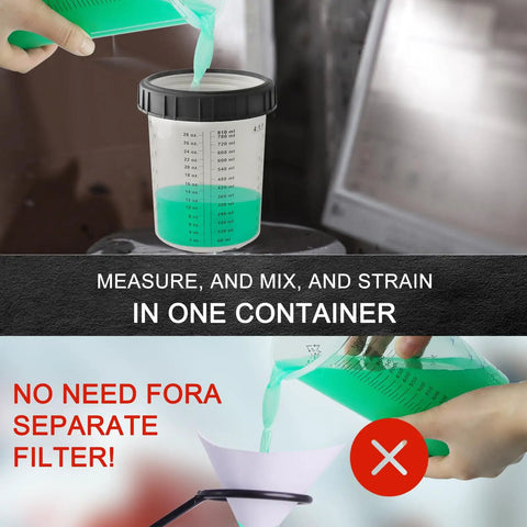 Save Yourself Some Grief With These Disposable Hvlp Paint Sprayer Mixing Cups Kit showing a measuring cup mixing paint.
