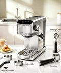 Knock Out Barista Level Shots With This 20 Bar Semi Automatic Espresso Machine Featuring Stainless Steel Build And Steam Wand For That Smooth Daily Brew That Hits Different Today, showcasing the espresso maker and accessories in a kitchen.
