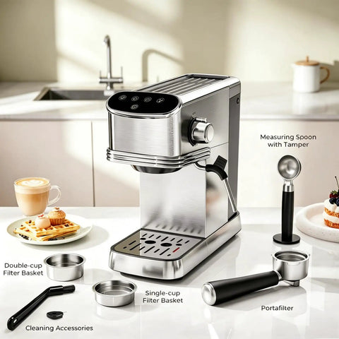 Knock Out Barista Level Shots With This 20 Bar Semi Automatic Espresso Machine Featuring Stainless Steel Build And Steam Wand For That Smooth Daily Brew That Hits Different Today, showcasing the espresso maker and accessories in a kitchen.