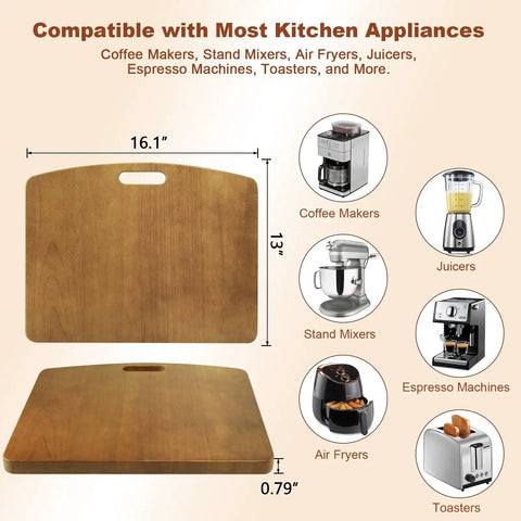 Rock Solid Wooden Appliance Slider With 360 Rolling Wheels For Coffee Makers Smooth Silent Glide. 16.1" x 13" wood deck for kitchen appliances.