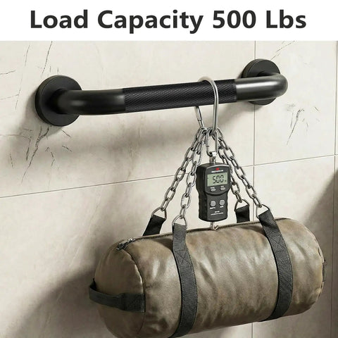 Rock Solid 16 Inch Wall Mount Handrail Matte Black Steel Pipe Grab Bar with load test of 500 lbs for safety and durability.