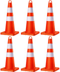 Heavy Duty 28 Inch Traffic Safety Cones Set Of 6 With Handles High Visibility Orange With Reflective Collars Stackable