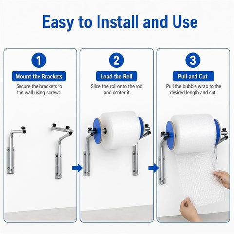 Installation steps for Heavy Duty Wall Mounted Bubble Wrap Dispenser and No Sweat Cushion Foam Stand.