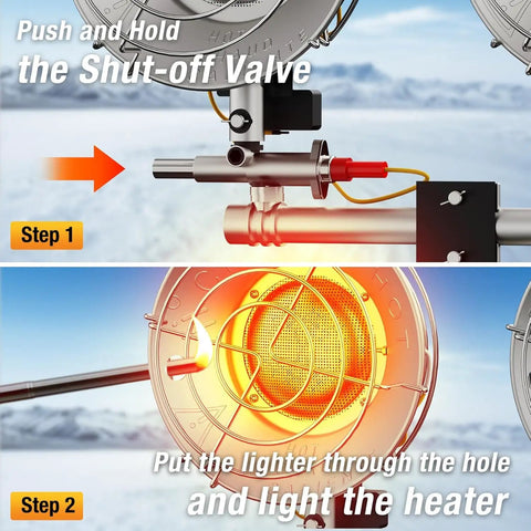 Step-by-step ignition process for 30000 BTU Propane Patio Heater With Dual Head Radiant Heat For Outdoor Use No Power Needed.