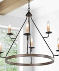 Big Ol Two Tier Wagon Wheel Chandelier With Six Lights, Wood Grain Rustic Farmhouse Pendant, 27 Inch Diameter, candle-style bulbs