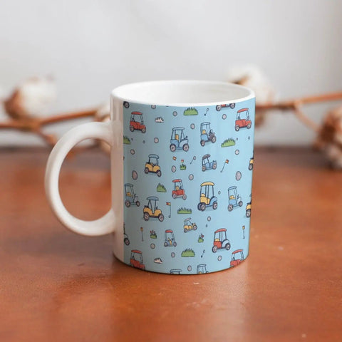 Heavy Duty Ceramic Travel Coffee Mug Featuring A Stylish Golf Cart Design Perfect For Grabbing Your Daily Grind In The Kitchen Or Office Solid Build Tea Cup For Smooth Sips, decorated with colorful golf carts.
