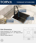 18 X 18 Inch Dope Drop-In Topmount Kitchen Sink With 16 Gauge Stainless Steel PVD Gunmetal Finish NanoTek Single Bowl And 9 Inch Deep Bar Prep Basin Dark Gray showcasing dimensions on counter.