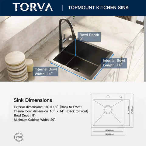 18 X 18 Inch Dope Drop-In Topmount Kitchen Sink With 16 Gauge Stainless Steel PVD Gunmetal Finish NanoTek Single Bowl And 9 Inch Deep Bar Prep Basin Dark Gray showcasing dimensions on counter.