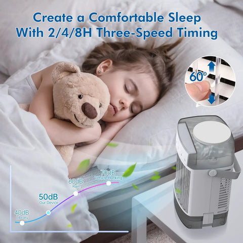 Sleeping child with teddy bear next to On The Go Portable Mini Air Conditioner With Remote 1000ml Evaporative Cooler
