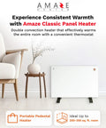 Convection Panel Space Heater With Thermostat And Dual 450 And 900 Watt Settings 22 By 18 Inch Wall Mount Kit Compact Office And Home Heater Up To 350 Sq Ft placed next to a chair