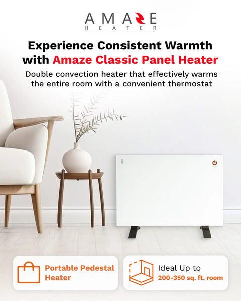 Convection Panel Space Heater With Thermostat And Dual 450 And 900 Watt Settings 22 By 18 Inch Wall Mount Kit Compact Office And Home Heater Up To 350 Sq Ft placed next to a chair
