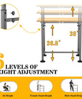 Diagram showing Heavy Duty Workbench For Garage And Workshop 32 By 18 Inch Adjustable Height Table with six levels from 26.8 to 38 inches.