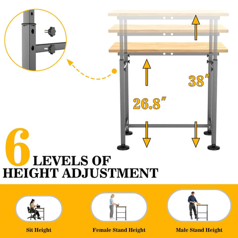 Diagram showing Heavy Duty Workbench For Garage And Workshop 32 By 18 Inch Adjustable Height Table with six levels from 26.8 to 38 inches.