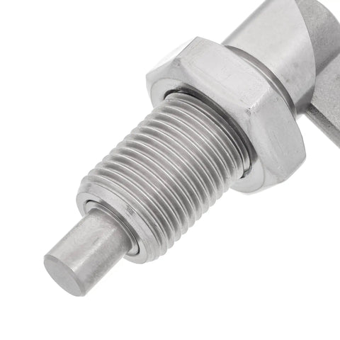 Built Like A Tank Stainless Steel Indexing Plunger With M16 X 1.5 Thread Retractable Lever Locking Bolt close-up detail.