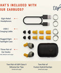 Contents of True Wireless Earbuds With 31 dB Noise Reduction, USB-C cable, ear tips, ear hooks, and case displayed neatly.