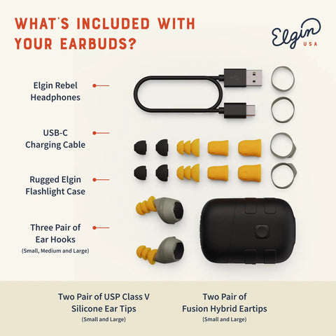 Contents of True Wireless Earbuds With 31 dB Noise Reduction, USB-C cable, ear tips, ear hooks, and case displayed neatly.