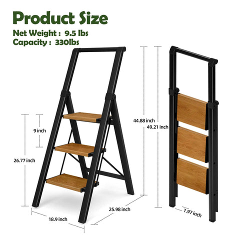 Three Step Foldable Aluminum Ladder With Black Woodgrain Finish, Lightweight Space Saving Step Stool For Home Kitchen And Garage Opens To 44.8 In High 18.9 In Wide 25.9 In Deep Top Step At 26.7 In 9 In Between Steps, product size view