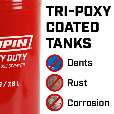 Two Gallon Tri Poxy Open Head Sprayer For Pros And DIY Garden Care showing tri-poxy coating details against rust, dents, corrosion.