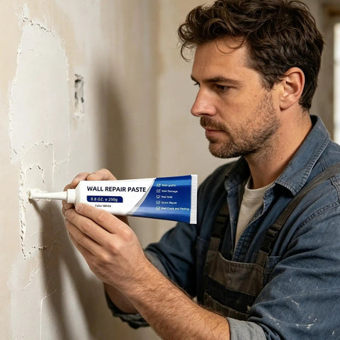 Man applying Quick Dry Wall Repair Paste For Holes And Cracks Easy DIY Mending Putty For Drywall Tile Grout Concrete Bathroom And Floor No Tools Needed Patch For Home Use to a wall.