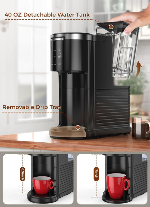 Commercial Single Serve Coffee Maker For Capsule And Ground Coffee, Instant Heat Brew, 40 Oz Water Tank, Five Brew Sizes Up To 14 Oz