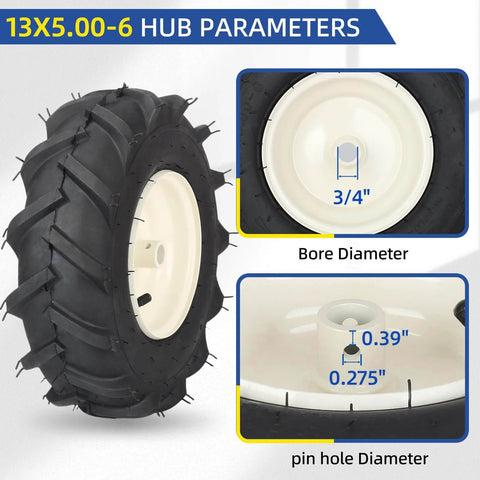 Replacement Tiller Tire And Wheel Set For Thirteen By Five Inch Tire Size With Three Quarters Inch Axle And Three And One Eighth Inch Centered Hub Fits Craftsman And Troy-Bilt Tillers with hub dimensions shown.