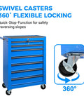 Rock Solid Rolling Tool Chest With Seven Smooth Ball Bearing Drawers And Heavy Duty Swivel Casters Built To Handle The Everyday Grind For Zero Sweat Garage Organization In Deep Blue with 360 degree locking casters.
