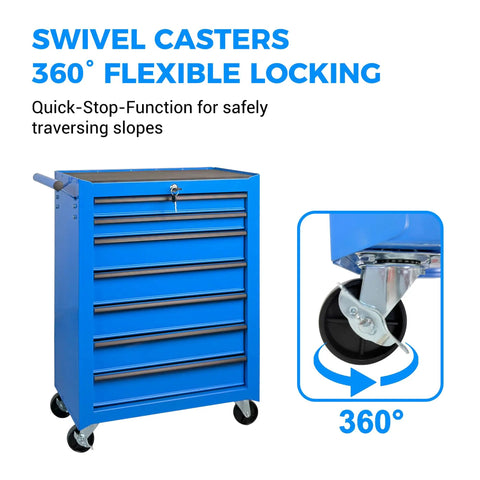 Rock Solid Rolling Tool Chest With Seven Smooth Ball Bearing Drawers And Heavy Duty Swivel Casters Built To Handle The Everyday Grind For Zero Sweat Garage Organization In Deep Blue with 360 degree locking casters.
