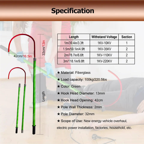 Fiberglass Insulated Rescue Hook Set, 2 Piece Detachable Anti Electrocution Tools For Firefighters specifications chart